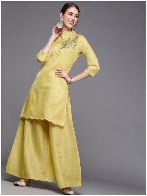 Women Yellow Embroidered Kurta with Palazzos